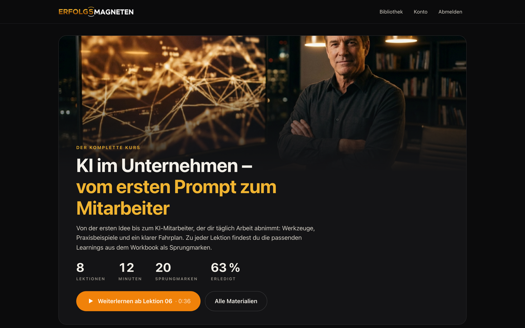 Die Kursseite mit Kennzahlen und Lektionen